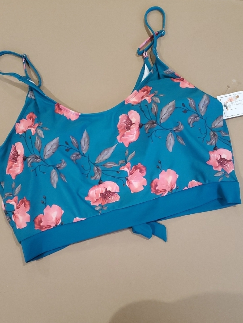 Coral Reef Teal Floral  Bikini Top  Pink Bloom Print 3XL